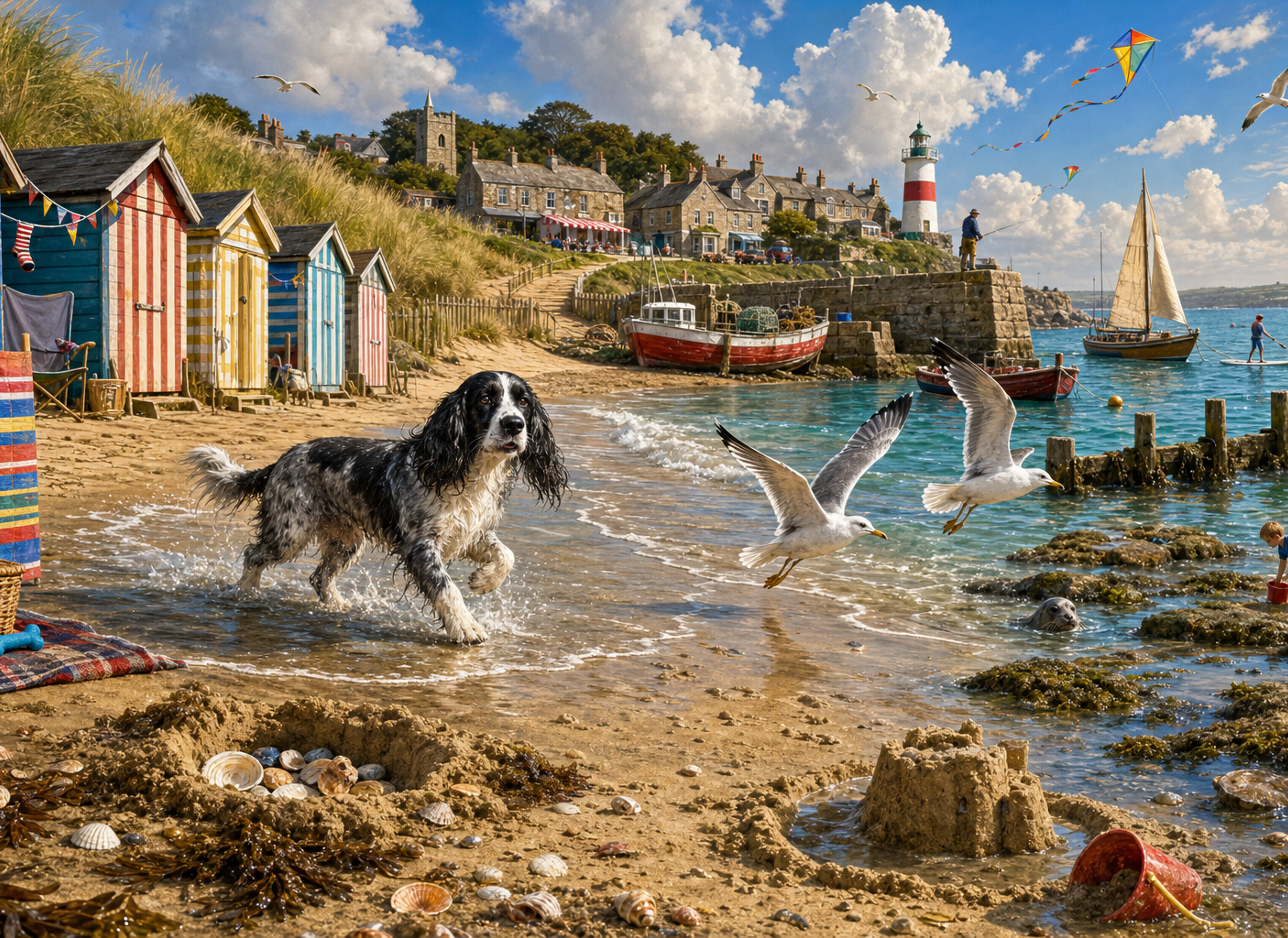 A Spaniel chasing seagulls on a Cornish beach — an example Jigsaw Tails jigsaw