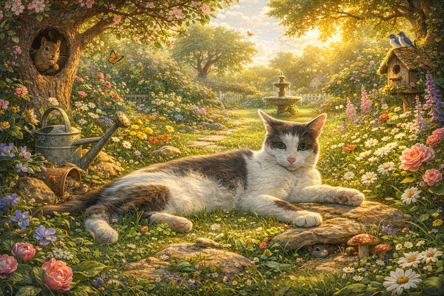 Rigby the cat in a sun-drenched garden — an example Jigsaw Tails jigsaw